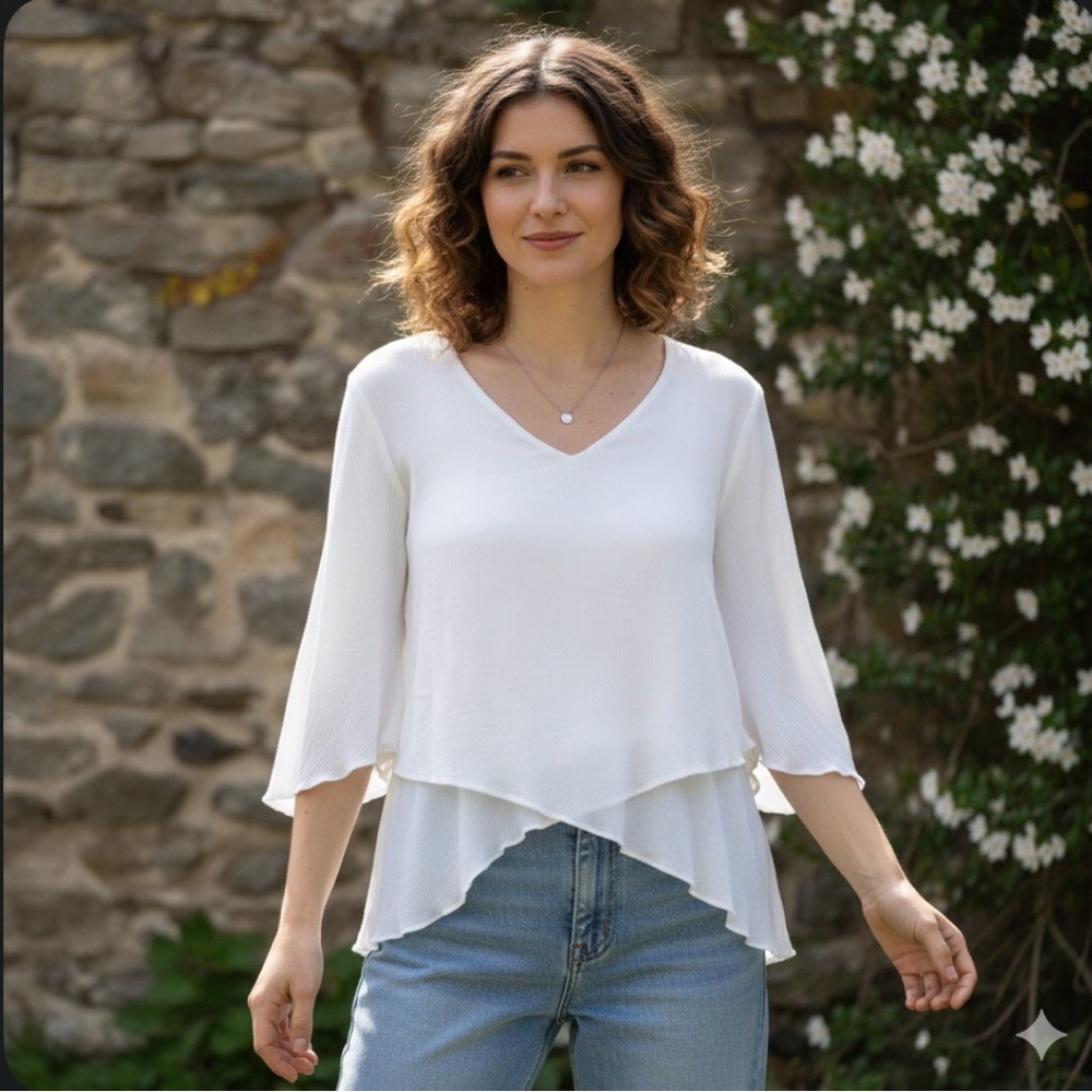 Karen Kane White Crinkle Gauze Layered Hem Top - M - Boho Lagenlook Bell Sleeve